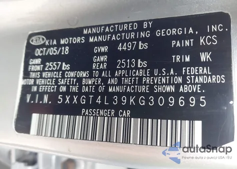 2019 Kia Optima Lx z USA, uszkodzony, nr VIN 5XXGT4L39KG309695